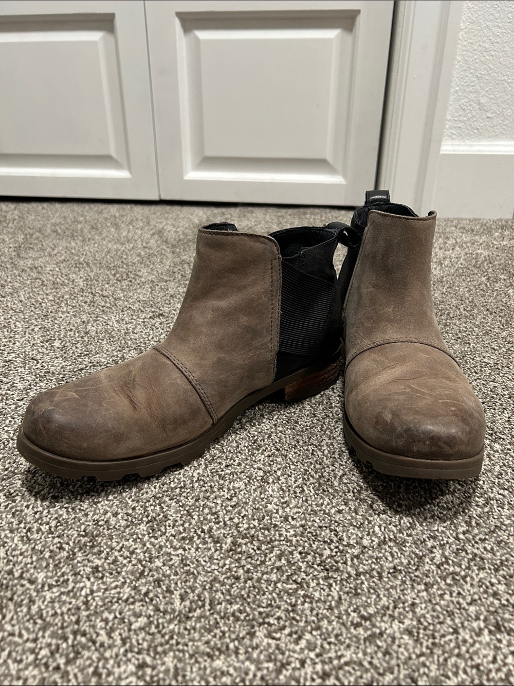Women's Sorel Emilie Taupe and Black Chelsea Booties with Elastic Side Panels